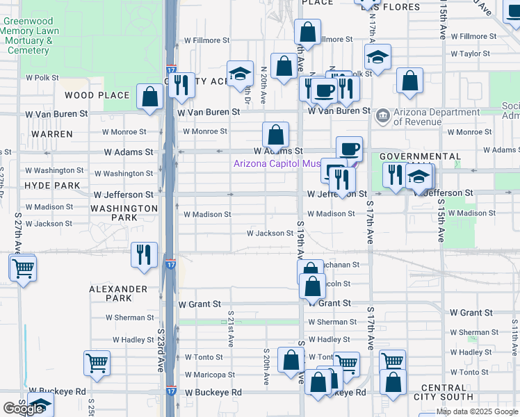 map of restaurants, bars, coffee shops, grocery stores, and more near 2001 West Madison Street in Phoenix