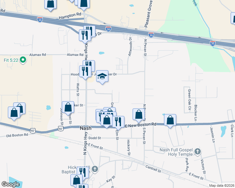 map of restaurants, bars, coffee shops, grocery stores, and more near 115 Greenforest Trail in Nash