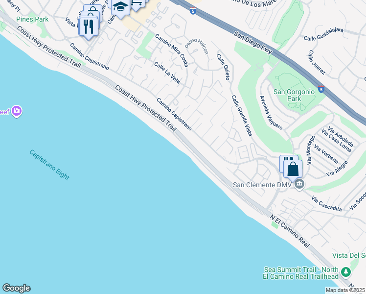 map of restaurants, bars, coffee shops, grocery stores, and more near 35605 Beach Road in Dana Point