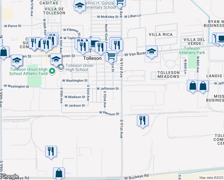 map of restaurants, bars, coffee shops, grocery stores, and more near 113 South 92nd Avenue in Tolleson