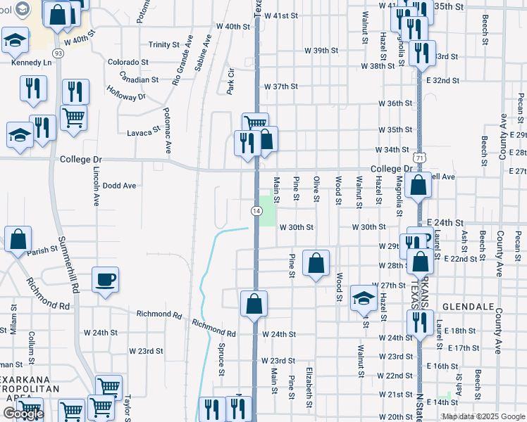 map of restaurants, bars, coffee shops, grocery stores, and more near 3198 Texas Boulevard in Texarkana