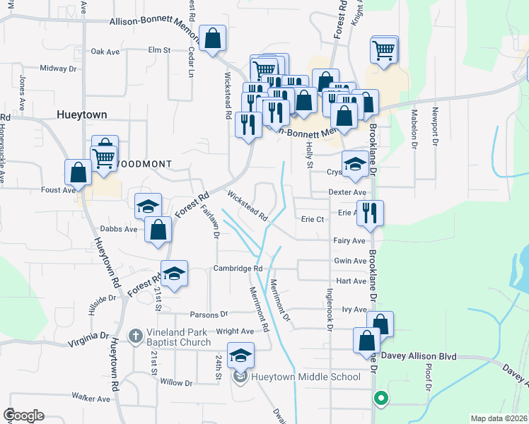 map of restaurants, bars, coffee shops, grocery stores, and more near 136 Winston Court in Hueytown
