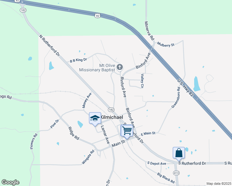 map of restaurants, bars, coffee shops, grocery stores, and more near 401-506 Guinea Tom Avenue in Kilmichael