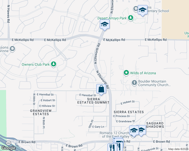 map of restaurants, bars, coffee shops, grocery stores, and more near 9038 East Ivyglen Circle in Mesa