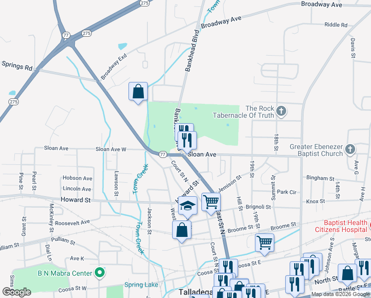 map of restaurants, bars, coffee shops, grocery stores, and more near 100 Bankhead Boulevard in Talladega
