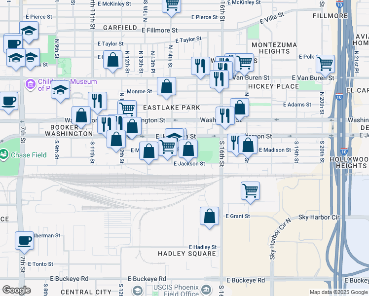 map of restaurants, bars, coffee shops, grocery stores, and more near 1401 East Jefferson Street in Phoenix