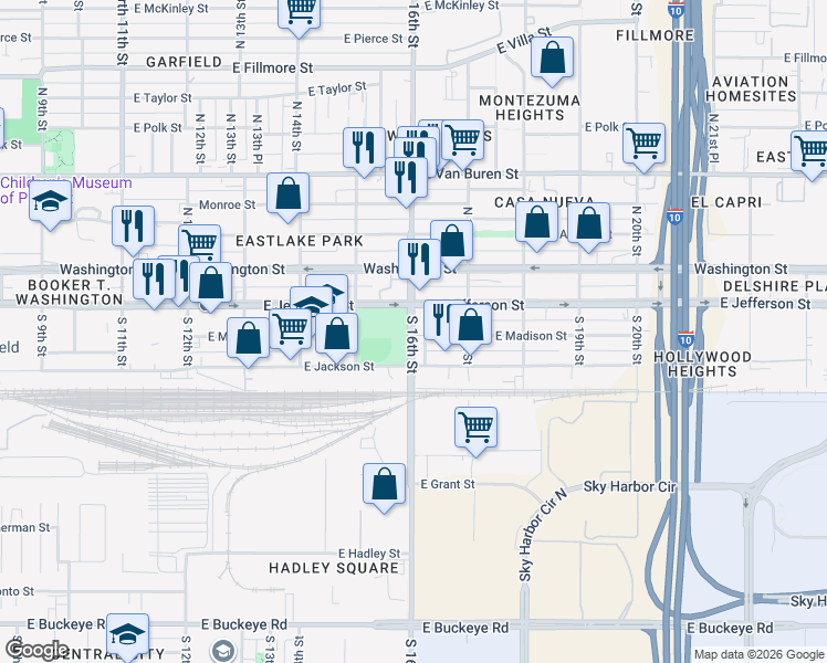 map of restaurants, bars, coffee shops, grocery stores, and more near 257 South 16th Street in Phoenix