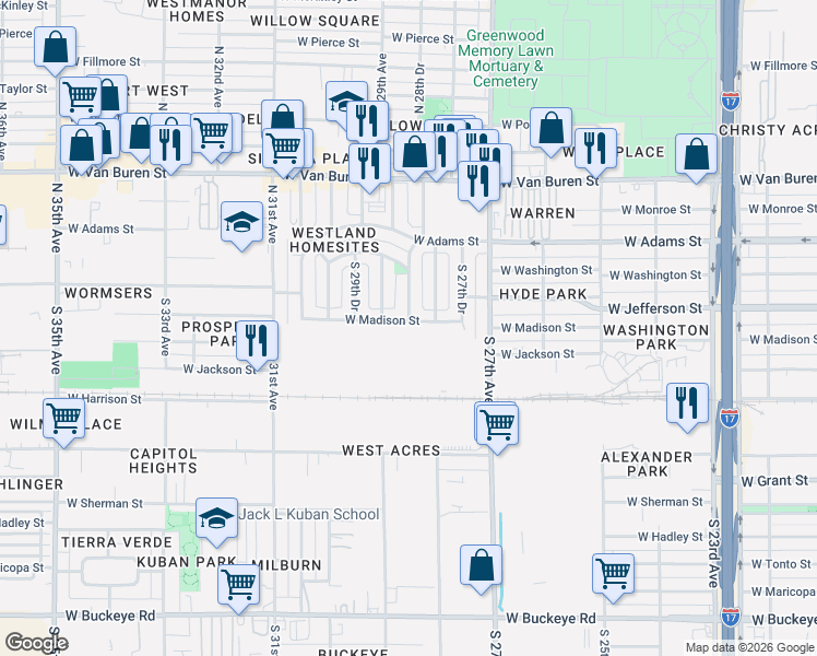map of restaurants, bars, coffee shops, grocery stores, and more near 111 South 28th Drive in Phoenix