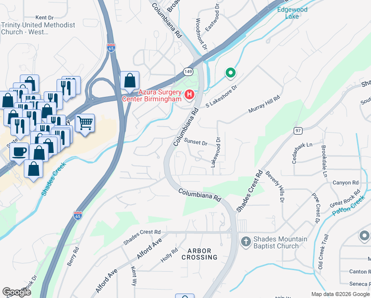 map of restaurants, bars, coffee shops, grocery stores, and more near 1701 Old Columbiana Road in Vestavia Hills