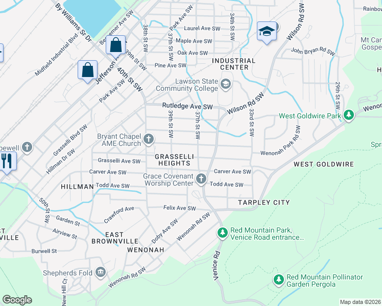 map of restaurants, bars, coffee shops, grocery stores, and more near 3708 Howard Avenue Southwest in Birmingham