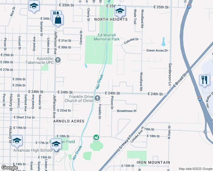 map of restaurants, bars, coffee shops, grocery stores, and more near 2400 Brookridge Drive in Texarkana