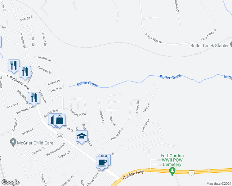 map of restaurants, bars, coffee shops, grocery stores, and more near 849 Shirez Drive in Grovetown