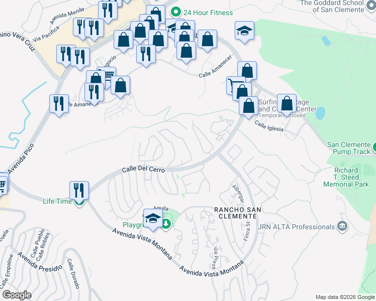 map of restaurants, bars, coffee shops, grocery stores, and more near 1046 Calle Del Cerro in San Clemente