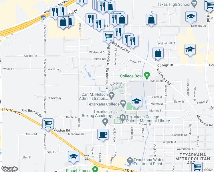 map of restaurants, bars, coffee shops, grocery stores, and more near 3200 North Robison Road in Texarkana