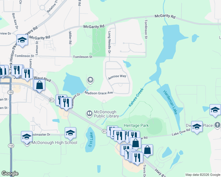 map of restaurants, bars, coffee shops, grocery stores, and more near 368 Madison Grace Avenue in McDonough