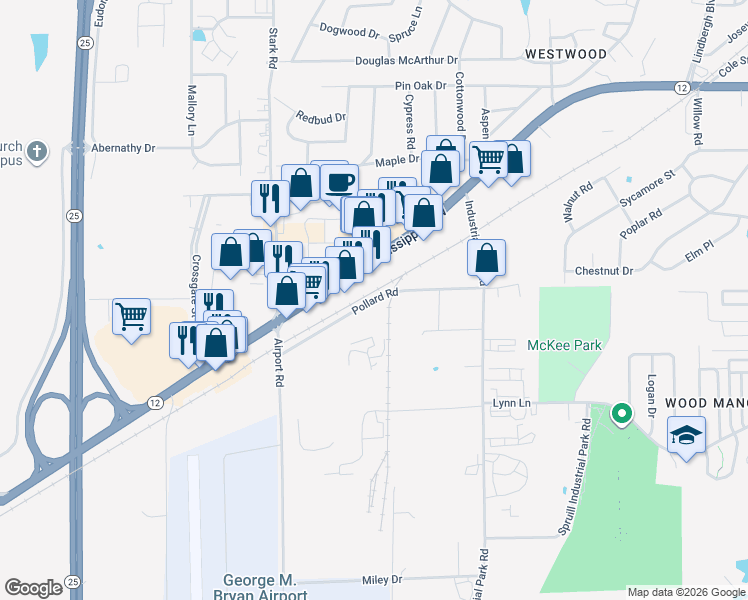 map of restaurants, bars, coffee shops, grocery stores, and more near Pollard Road in Starkville