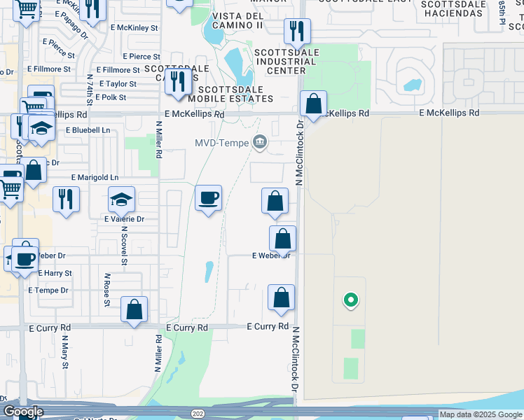 map of restaurants, bars, coffee shops, grocery stores, and more near in Tempe