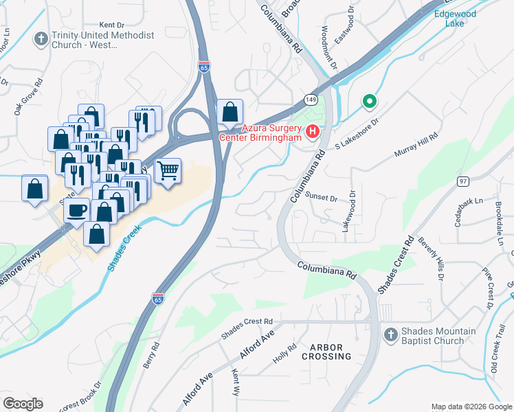 map of restaurants, bars, coffee shops, grocery stores, and more near 1616 Lakeshore Court in Homewood