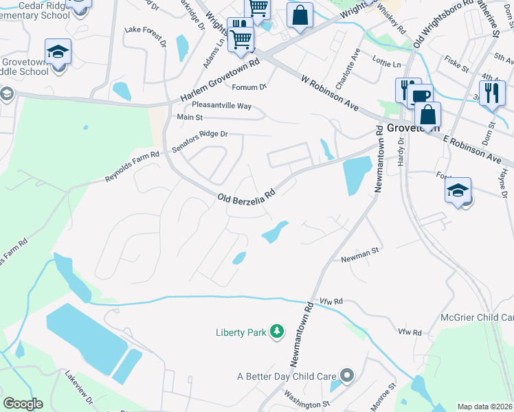 map of restaurants, bars, coffee shops, grocery stores, and more near 800 Whispering Willow Court in Grovetown