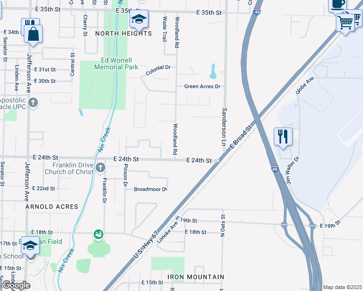 map of restaurants, bars, coffee shops, grocery stores, and more near 2700 Woodland Road in Texarkana
