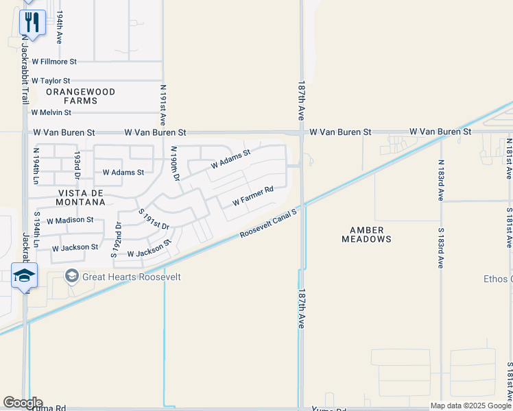 map of restaurants, bars, coffee shops, grocery stores, and more near 18928 West Jefferson Street in Buckeye