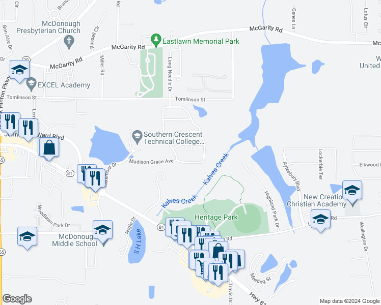 map of restaurants, bars, coffee shops, grocery stores, and more near 512 Gigi Court in McDonough