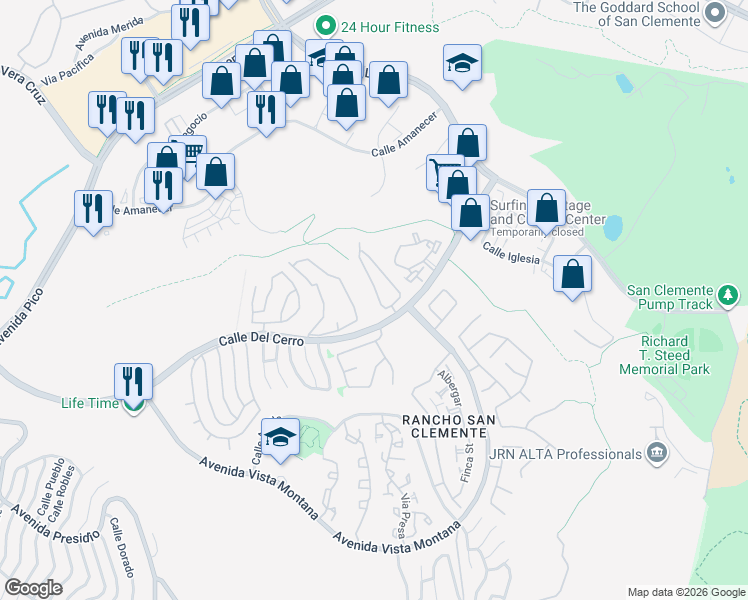 map of restaurants, bars, coffee shops, grocery stores, and more near 19 Calle Sol in San Clemente