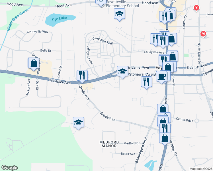 map of restaurants, bars, coffee shops, grocery stores, and more near 500 West Lanier Avenue in Fayetteville