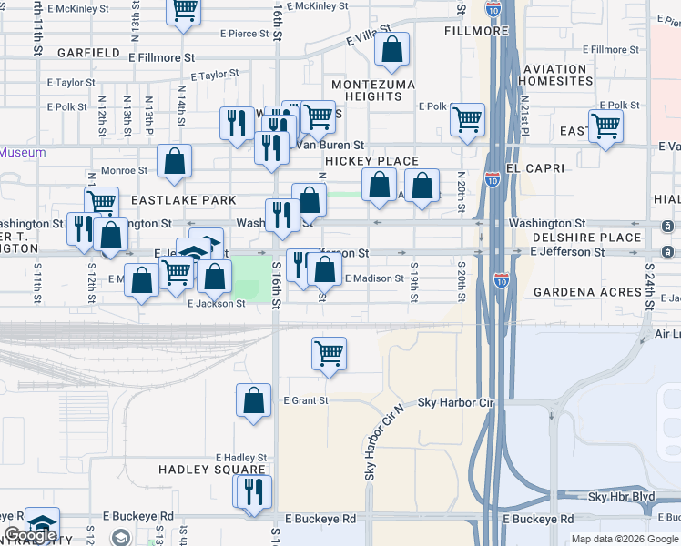 map of restaurants, bars, coffee shops, grocery stores, and more near 1737 East Jefferson Street in Phoenix