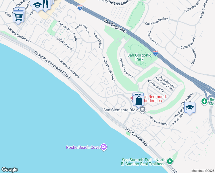 map of restaurants, bars, coffee shops, grocery stores, and more near 208 Del Gado Road in San Clemente