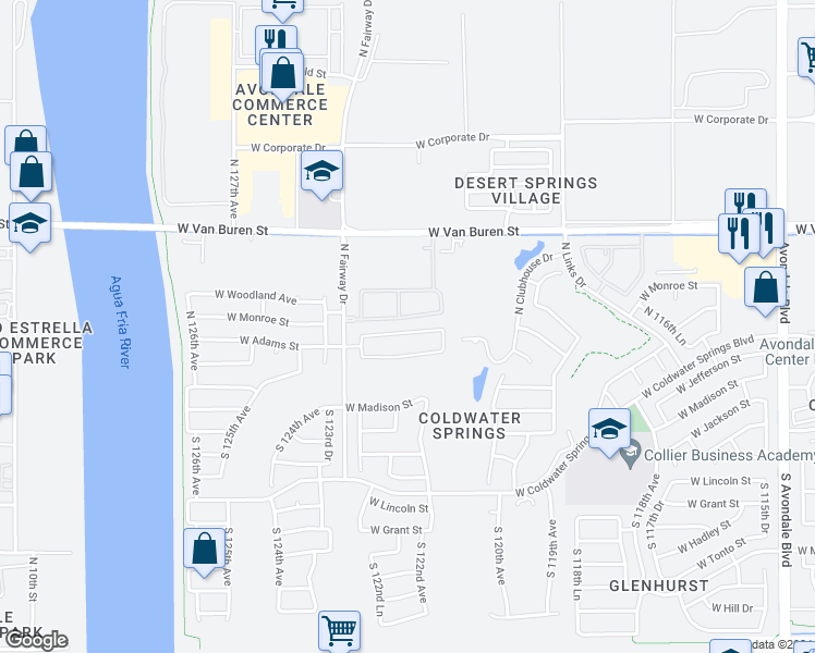 map of restaurants, bars, coffee shops, grocery stores, and more near 12234 West Monroe Street in Avondale