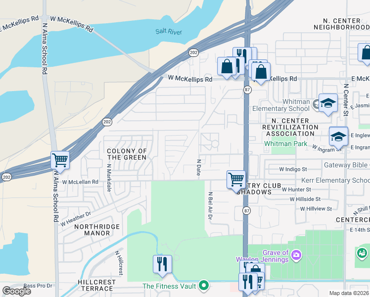 map of restaurants, bars, coffee shops, grocery stores, and more near 626 West Inglewood Street in Mesa
