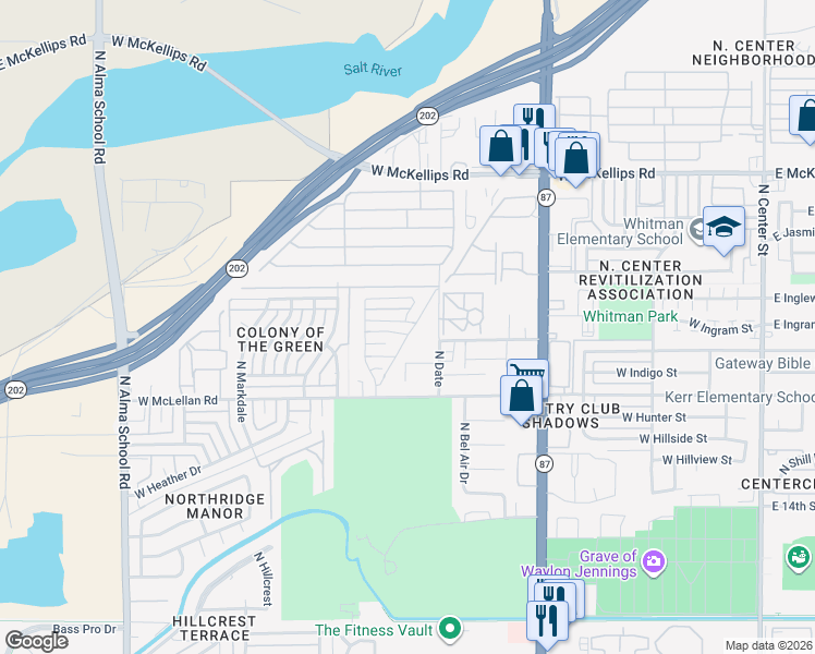 map of restaurants, bars, coffee shops, grocery stores, and more near 626 West Inglewood Street in Mesa