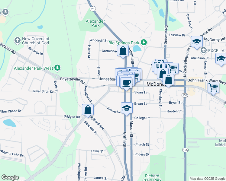map of restaurants, bars, coffee shops, grocery stores, and more near 38 Hampton Street in McDonough