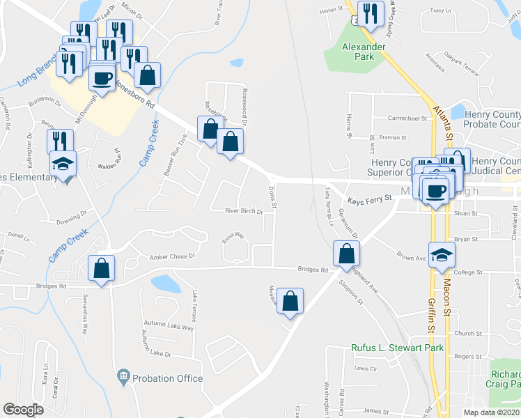 map of restaurants, bars, coffee shops, grocery stores, and more near 402 Leslie Court in McDonough