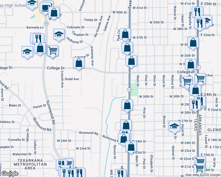 map of restaurants, bars, coffee shops, grocery stores, and more near 1019 College Drive in Texarkana
