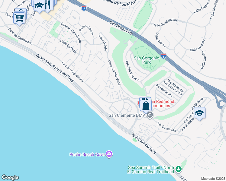 map of restaurants, bars, coffee shops, grocery stores, and more near 208 Del Gado Road in San Clemente