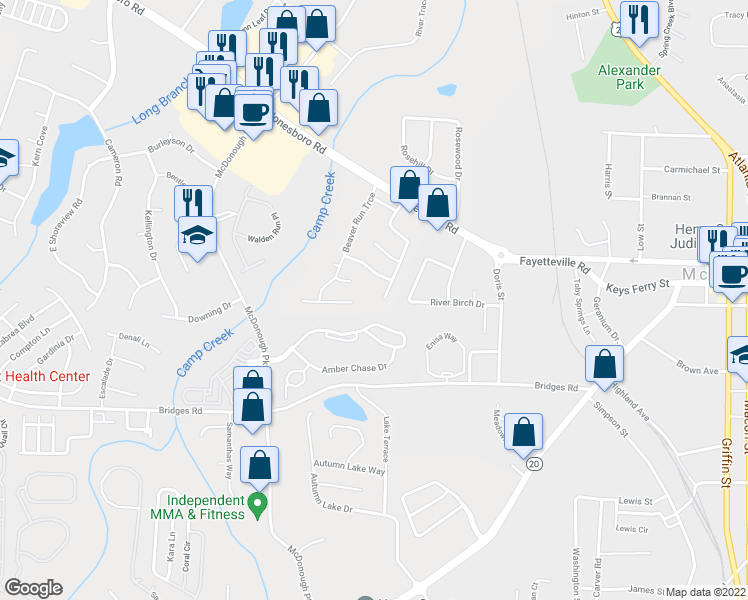 map of restaurants, bars, coffee shops, grocery stores, and more near 339 Fallview Drive in McDonough