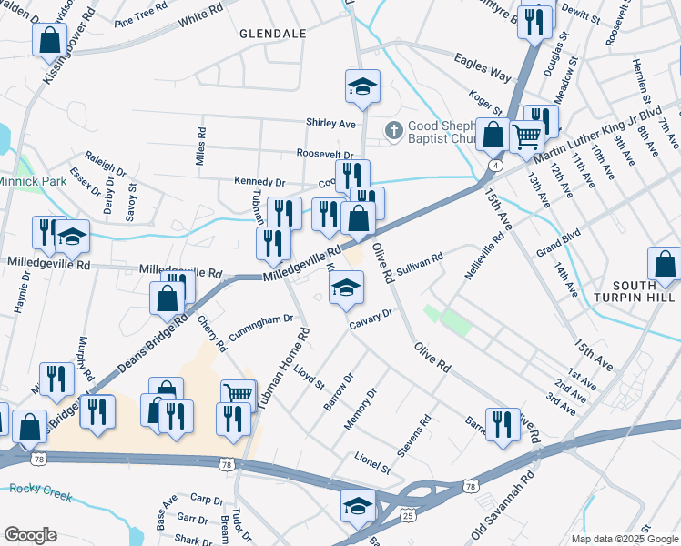 map of restaurants, bars, coffee shops, grocery stores, and more near 2321 Milledgeville Road in Augusta