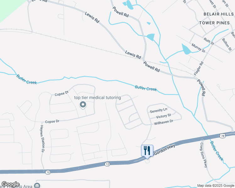 map of restaurants, bars, coffee shops, grocery stores, and more near Broadmoor Court in Grovetown