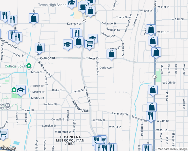 map of restaurants, bars, coffee shops, grocery stores, and more near 3201 Lincoln Avenue in Texarkana