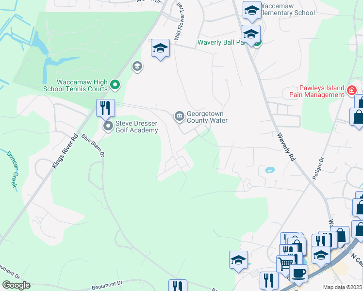 map of restaurants, bars, coffee shops, grocery stores, and more near 465 Clearwater Drive in Pawleys Island