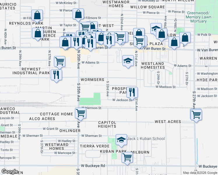 map of restaurants, bars, coffee shops, grocery stores, and more near 3226 West Jefferson Street in Phoenix