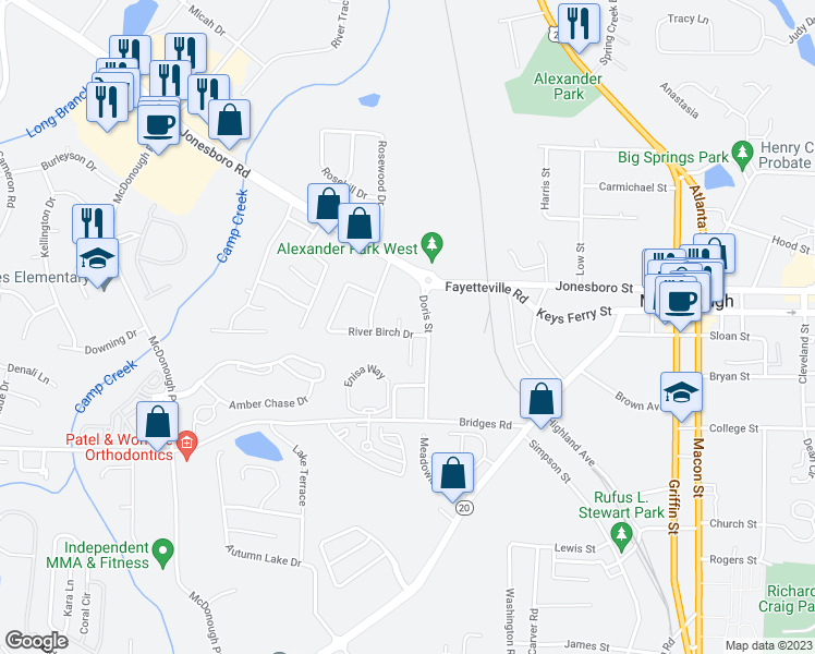 map of restaurants, bars, coffee shops, grocery stores, and more near 402 Leslie Court in McDonough