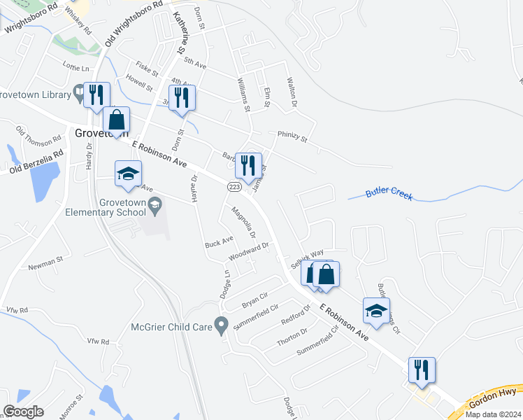 map of restaurants, bars, coffee shops, grocery stores, and more near 1002 Durban Drive in Grovetown