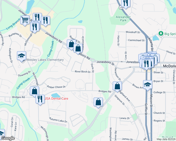 map of restaurants, bars, coffee shops, grocery stores, and more near 402 Leslie Court in McDonough