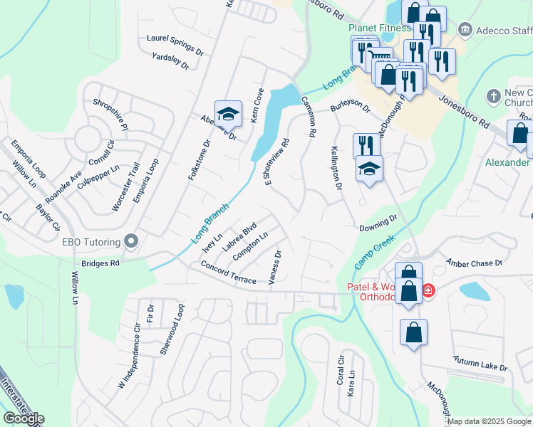 map of restaurants, bars, coffee shops, grocery stores, and more near 505 Concord Terrace in McDonough