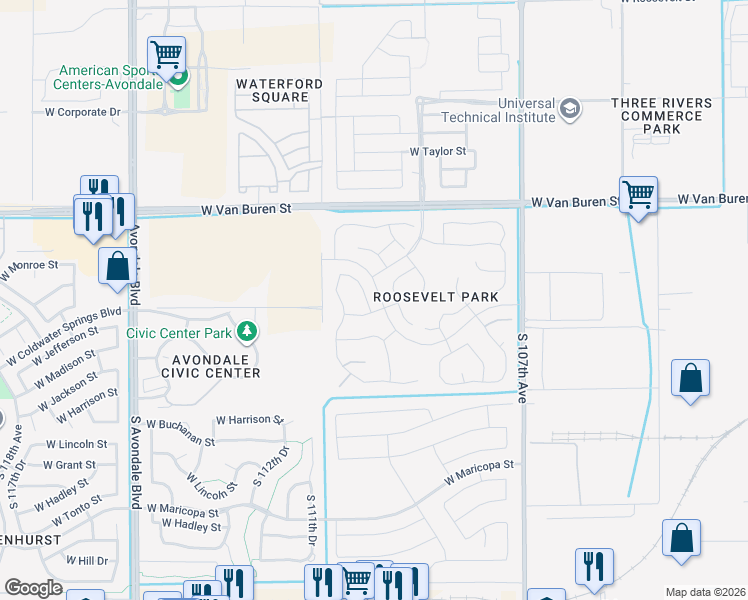 map of restaurants, bars, coffee shops, grocery stores, and more near 138 North 109th Drive in Avondale