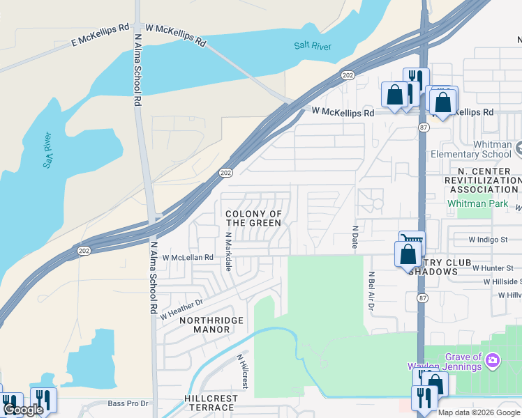 map of restaurants, bars, coffee shops, grocery stores, and more near 1742 North Queensbury in Mesa