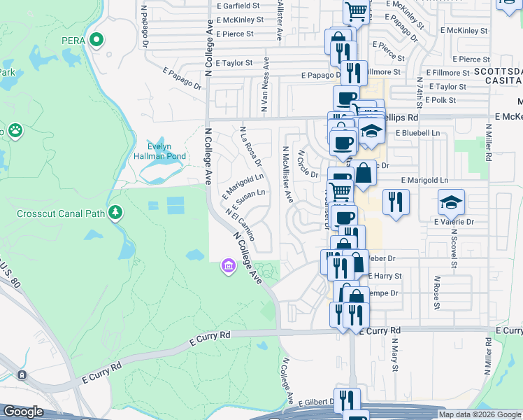 map of restaurants, bars, coffee shops, grocery stores, and more near 450 East Barbara Drive in Tempe
